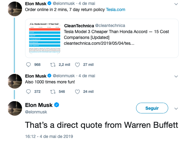 Tweet Elon Musk para Warren Buffett Seguro Tesla